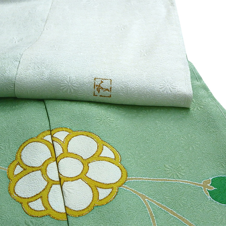 根善織物謹製　皇室デザイナー 最高級特選訪問着【白×緑　菊花模様】 - ウインドウを閉じる