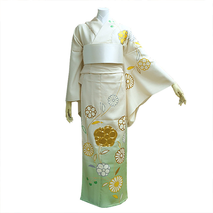 根善織物謹製　皇室デザイナー 最高級特選訪問着【白×緑　菊花模様】 - ウインドウを閉じる