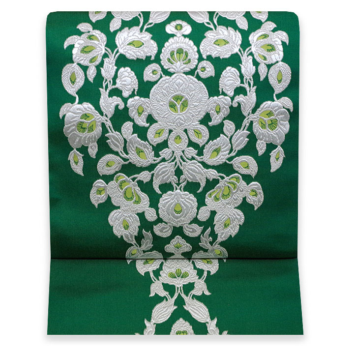 珍しいエレガントなグリーンが映える博多織の人気ブランド「にしむら」全通柄八寸帯