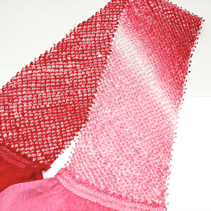 赤とピンクの2色デザイン　手絞りによる正絹唄絞り帯揚げ - ウインドウを閉じる