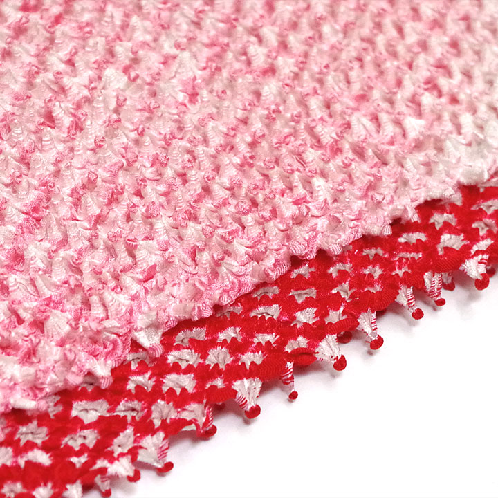赤とピンクの2色デザイン　手絞りによる正絹唄絞り帯揚げ - ウインドウを閉じる