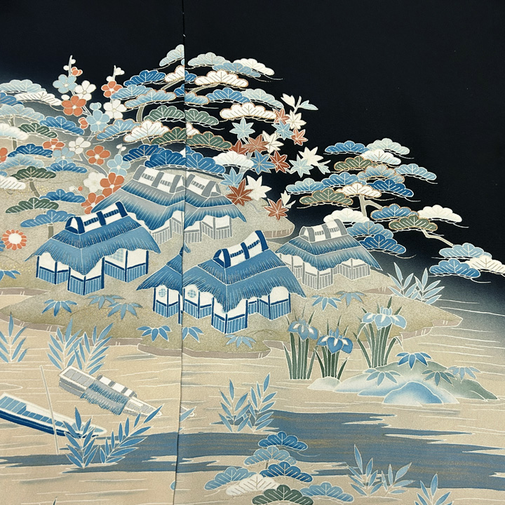 冴える青、落ち着きのある茶屋辻柄　特選黒留袖