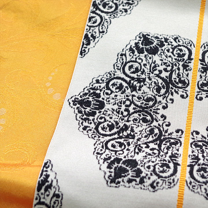 ポリエステル半幅帯　一輪館【アラベスク文様　白色】