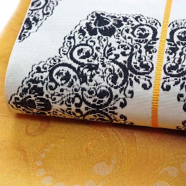 ポリエステル半幅帯　一輪館【アラベスク文様　白色】