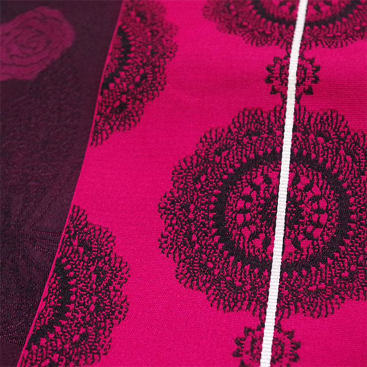 ポリエステル半幅帯　一輪館【唐花文様　ピンク色】