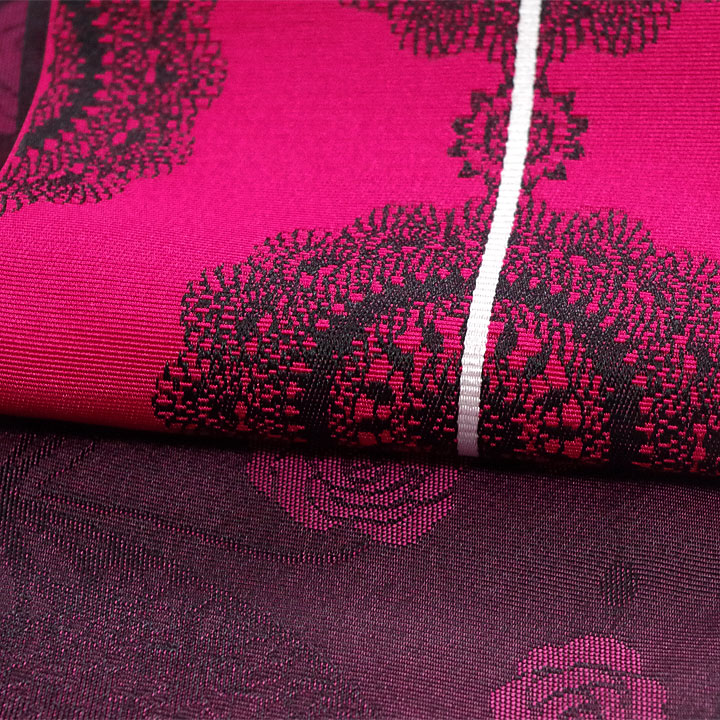 ポリエステル半幅帯　一輪館【唐花文様　ピンク色】