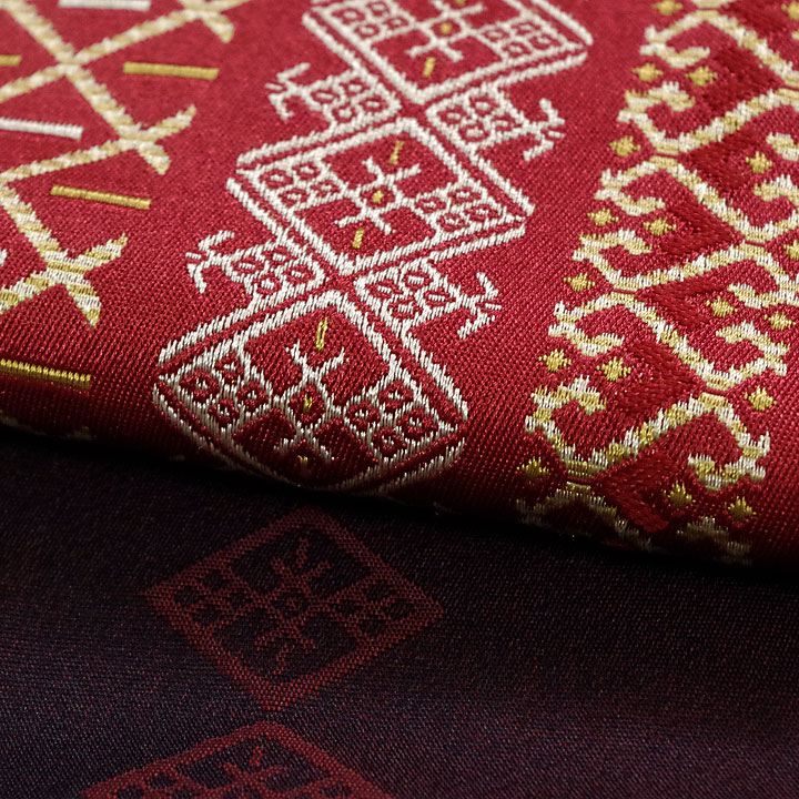 ポリエステル半幅帯　一輪館【花織文様　赤色】