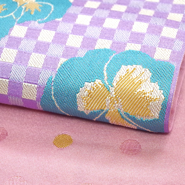 ポリエステル半幅帯　一輪館【市松文様　紫色】