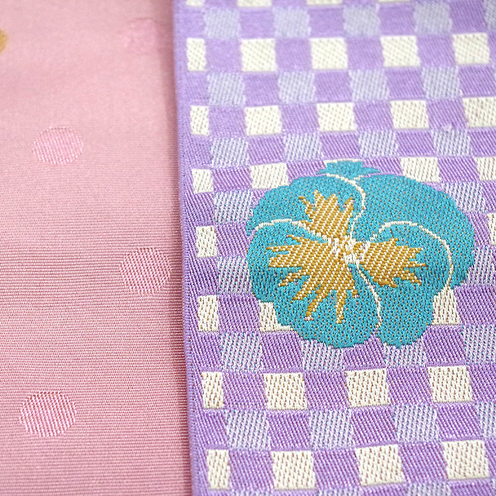 ポリエステル半幅帯　一輪館【市松文様　紫色】