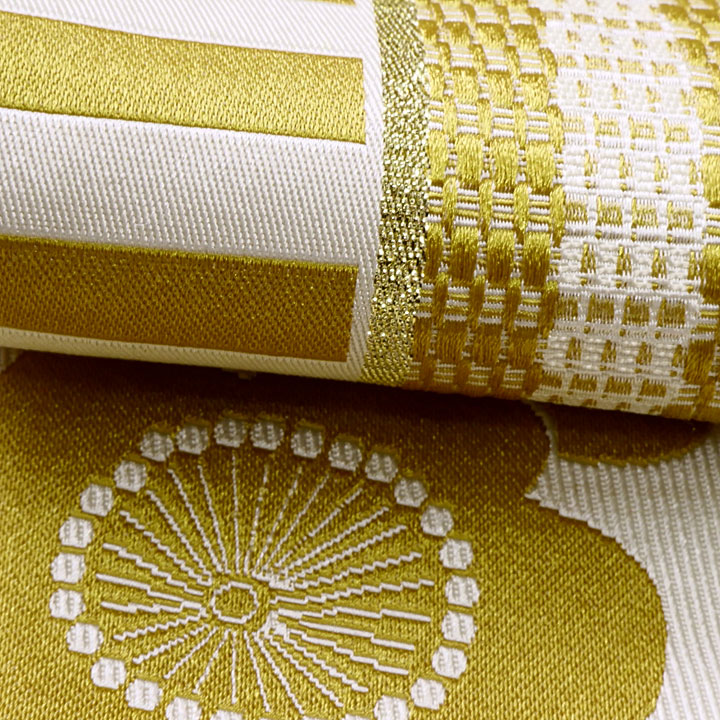 ポリエステル半幅帯　一輪館【縞　梅　黄土色】