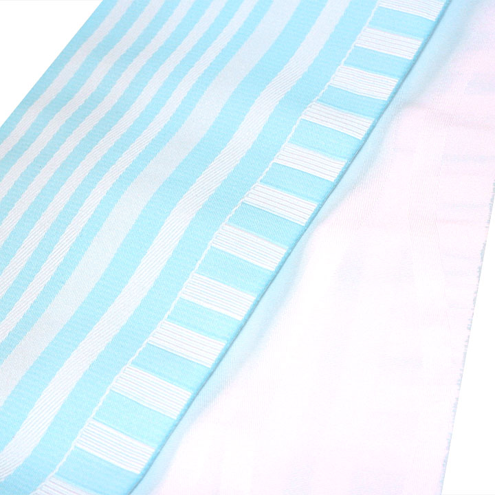 ポリエステル リバーシブル半幅帯【縞　水色・白】