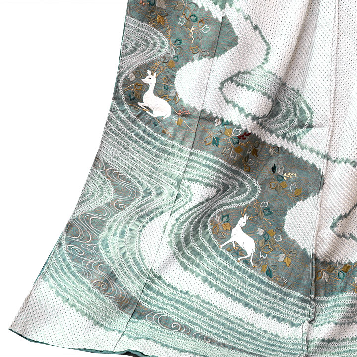 絞り加藤　手刺繍 鹿の子総疋田絞　訪問着【戯れる白き山羊】