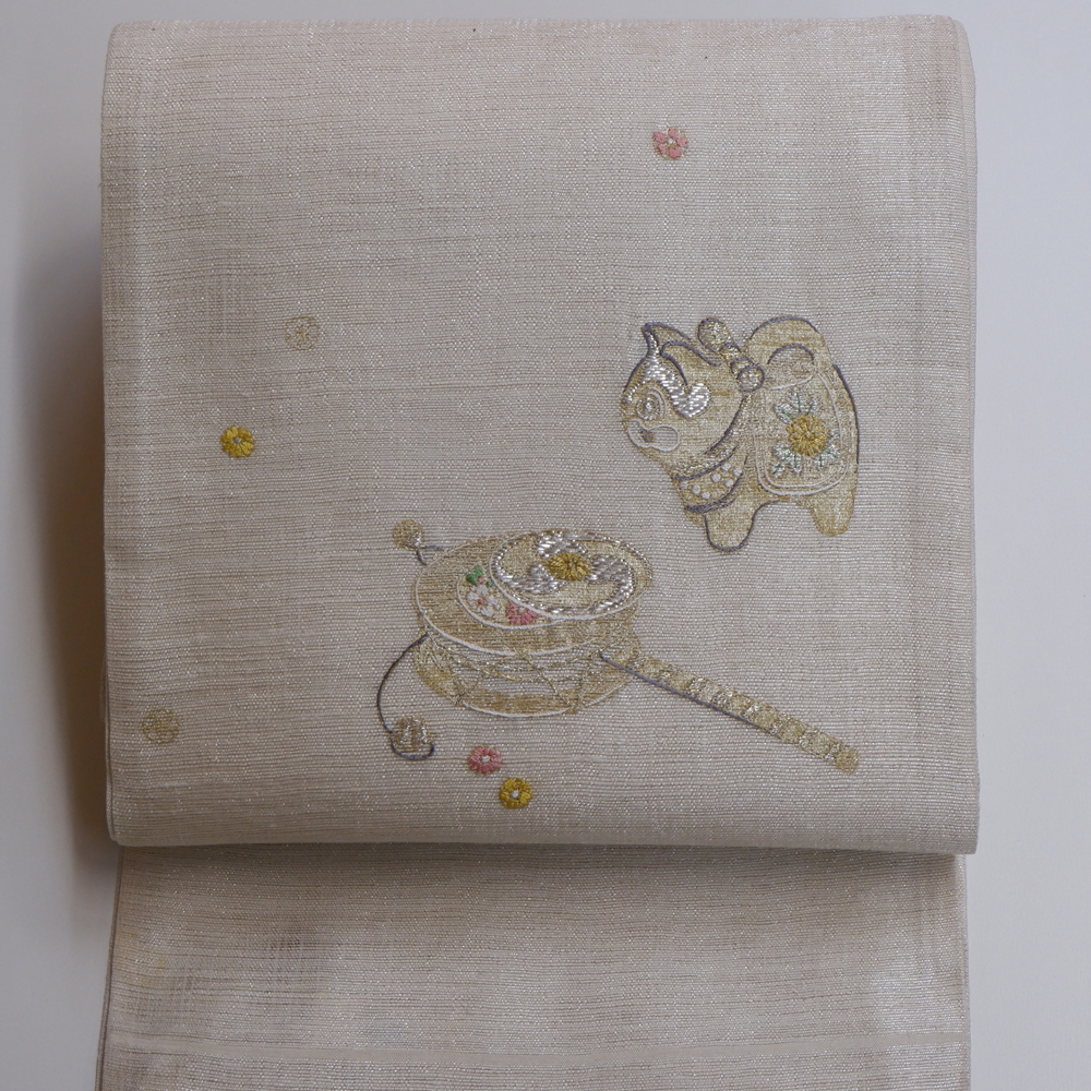 かつ鵬　一繍庵謹製　袋帯【でんでん太鼓と狛犬】