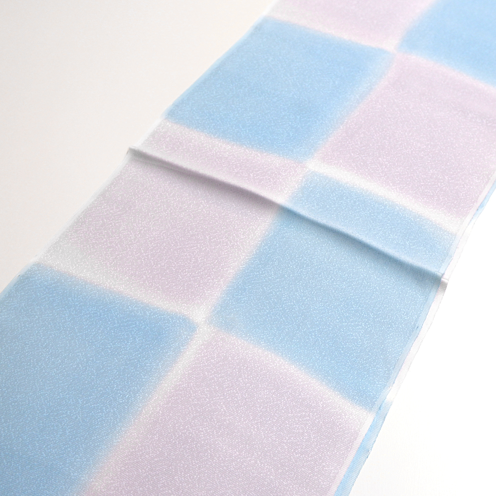 紐の渡敬謹製　正絹帯揚げ【市松　水色×灰色】